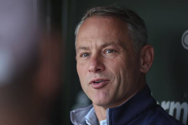 Cubs President Jed Hoyer speaks with the media before a game against the Marlins on May 4, 2023, at Wrigley Field.