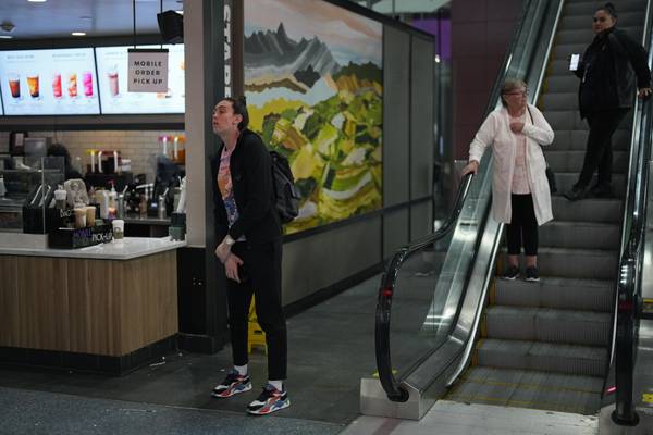 New York Liberty's Breanna Stewart waits for coffee after traveling for most of the day at Harry Reid International Airport while traveling with the team on June 28, 2023, in Las Vegas.