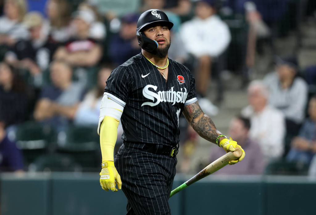 White Sox third baseman Yoán Moncada walks to the dugout after striking out against the Angels on May 29 at Guaranteed Rate Field.