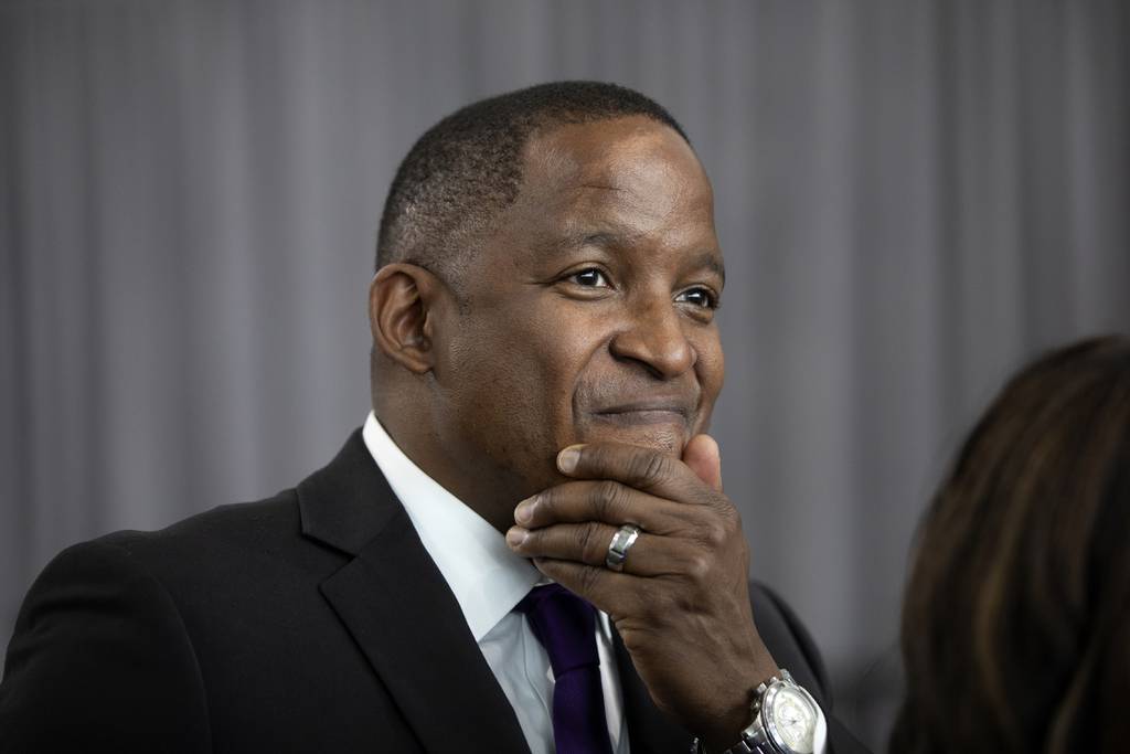 Northwestern University athletic director Derrick Gragg speaks during a news conference announcing his new position on June 7, 2021, at Ryan Fieldhouse in Evanston.
