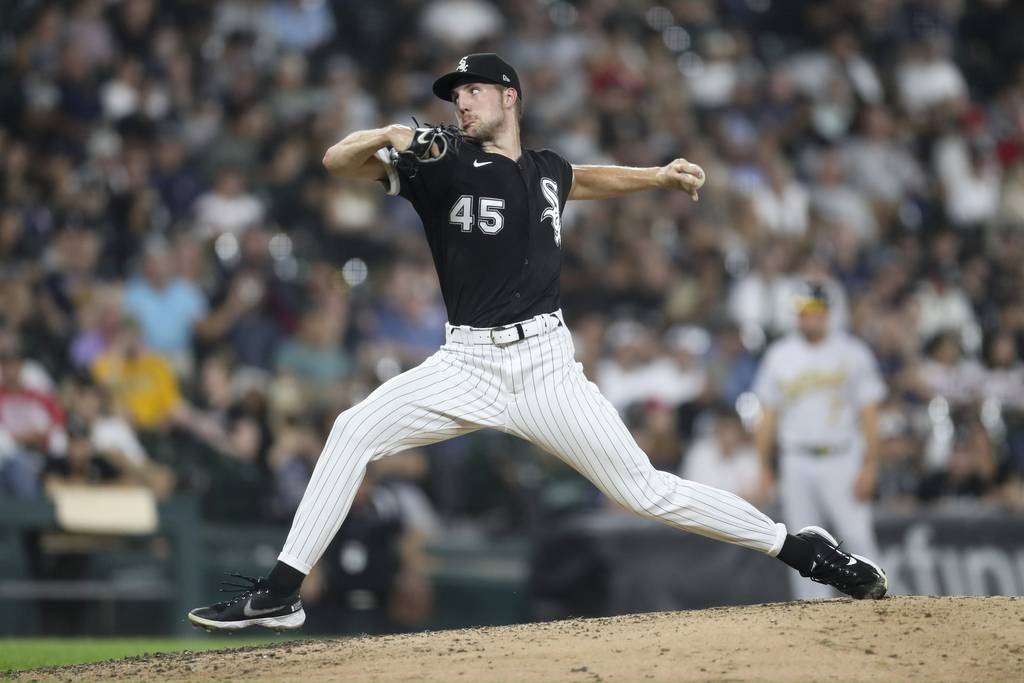 White Sox reliever Garrett Crochet pitches against the Athletics on Aug. 18, 2021, at Guaranteed Rate Field.