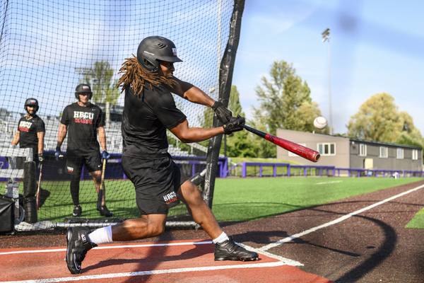 Alabama State University's Corey King hits a ball during a workout the day before the HBCU Swingman Classic on July 6, 2023.