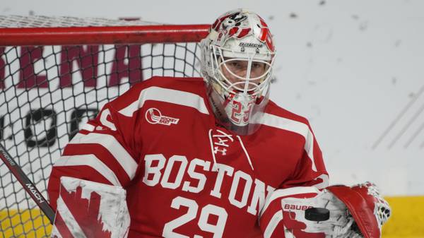 Boston University goaltender Drew Commesso during a game against Air Force on Jan. 6, 2023, in Tempe, Ariz.