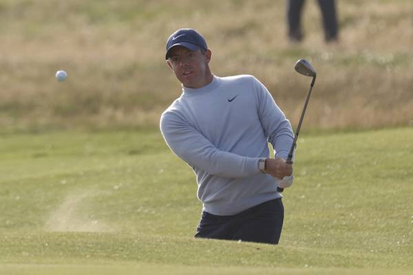 Northern Ireland's Rory McIlroy plays out of a bunker on the 15th hole on the first day of the British Open at Royal Liverpool on Thursday, July 20, 2023. in Hoylake, England.