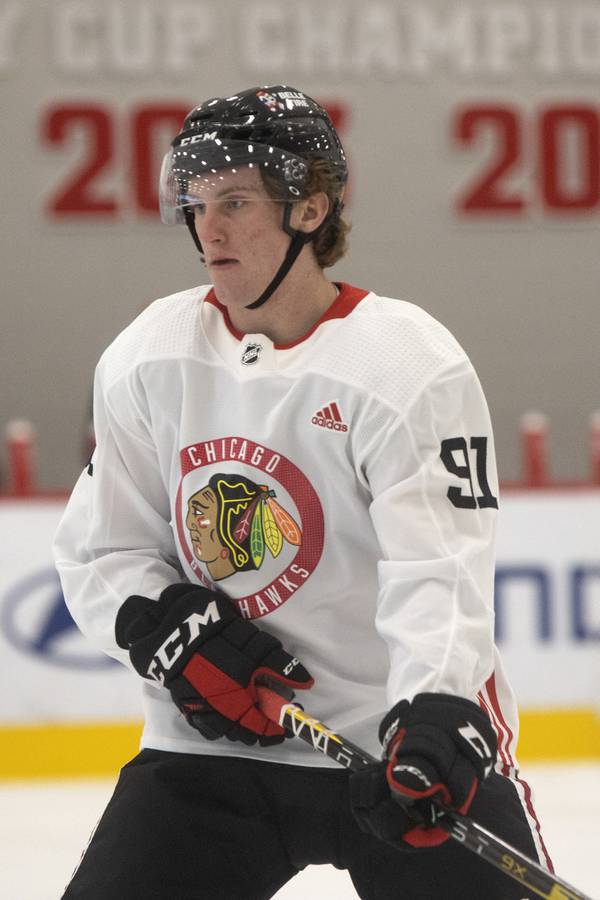 Paul Ludwinski practices during Blackhawks development camp on July 14, 2022, at Fifth Third Arena.