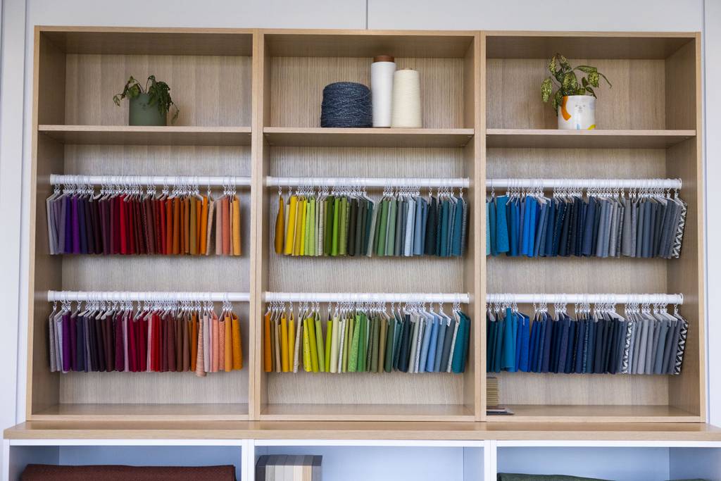 Fabric samples in the materials library at Allsteel on June 20, 2023.