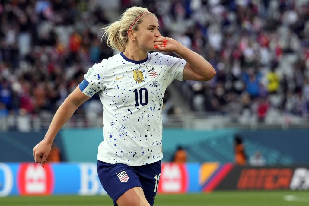 United States' Lindsey Horan celebrates after scoring a goal during the second half against Taiwan in the Women's World Cup on Saturday in Auckland, New Zealand. 
