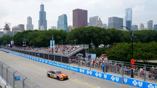 Bubba Wallace drives along Columbus Drive during qualifying for the inaugural NASCAR Chicago Street Race on July 1, 2023.