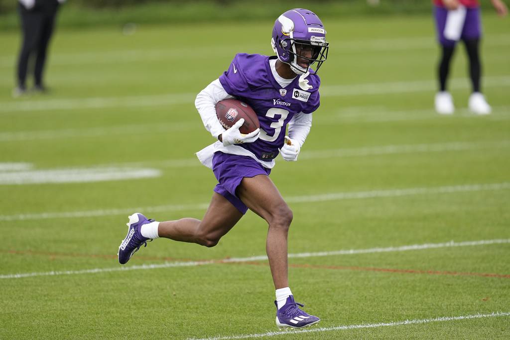 Vikings wide receiver Jordan Addison takes part in drills May 12, 2023, in Eagan, Minn.