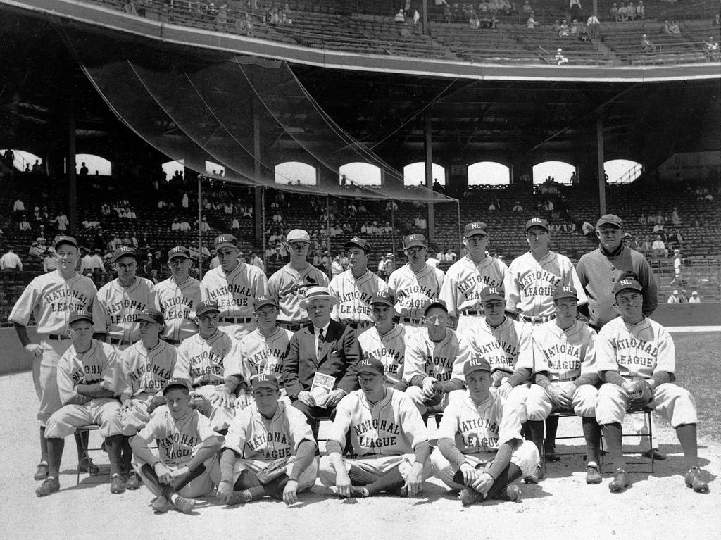 The National League team poses before the first major league All-Star Game in Chicago on July 6, 1933. The American League won 4-2.