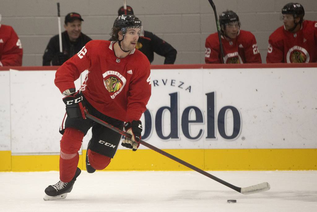 Nolan Allan practices with teammates during the Blackhawks prospect development camp at Fifth Third Arena on July 14, 2022.