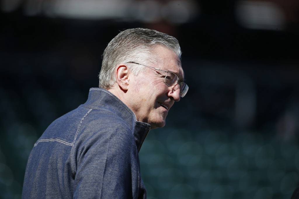 Cubs radio broadcaster Pat Hughes watches batting practice at spring training on March 5, 2015, at Sloan Park in Mesa, Ariz.