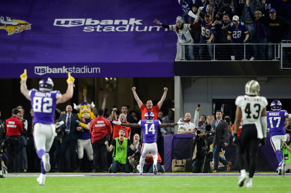 Vikings wide receiver Stefon Diggs (14) celebrates his touchdown on the final play of a 29-24 playoff victory over the Saints on Jan. 14, 2018, at U.S. Bank Stadium in Minneapolis.