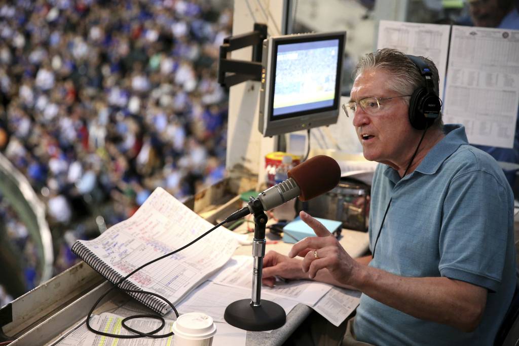 Cubs radio broadcaster Pat Hughes works a game against the Brewers on Sept. 15, 2016, at Wrigley Field.