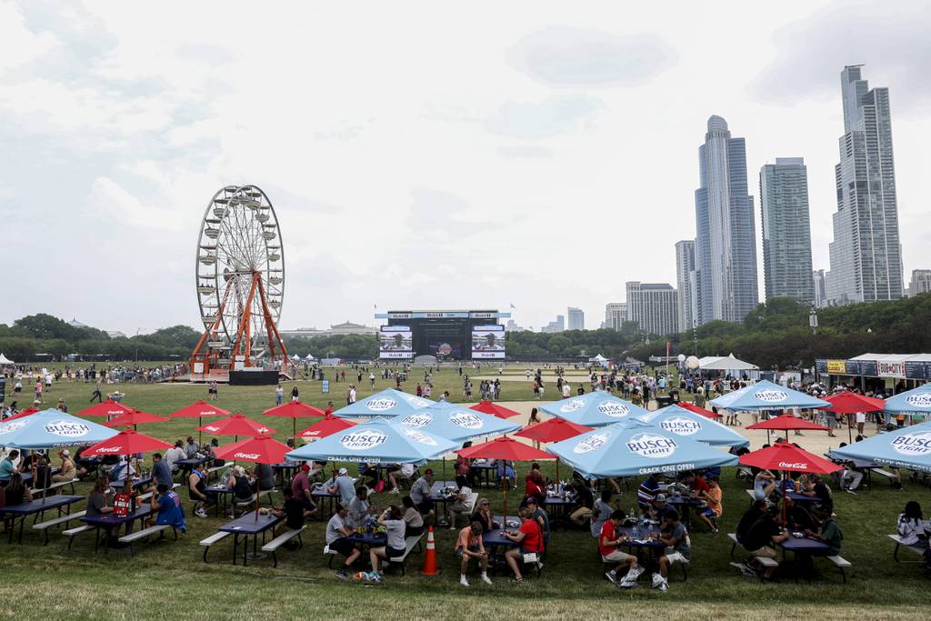 A stage and ferris wheel sit in Grant Park during Day 1 of the NASCAR Chicago Street Race on July 1, 2023.