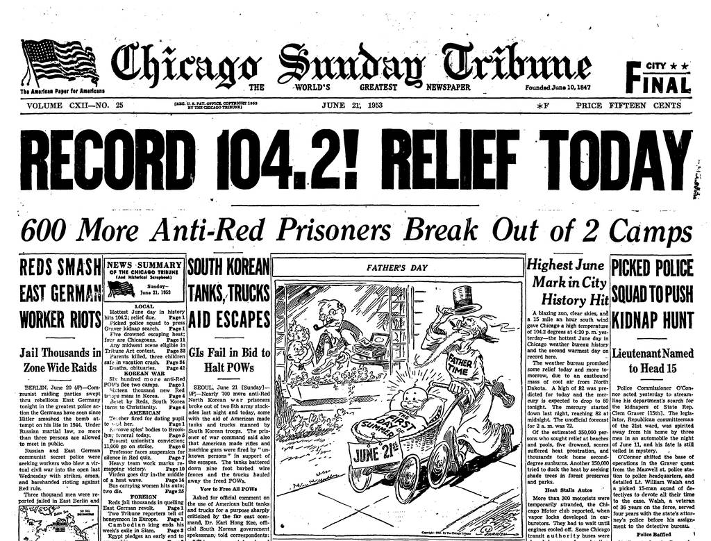 The front page of the Chicago Tribune on June 20, 1953