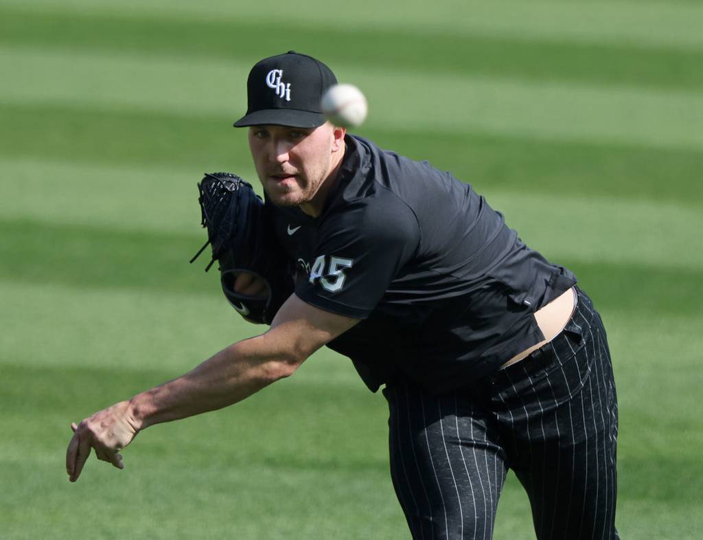 Chicago White Sox pitcher Garrett Crochet works out before a game against the Miami Marlins at Guaranteed Rate Field on June 9, 2023.