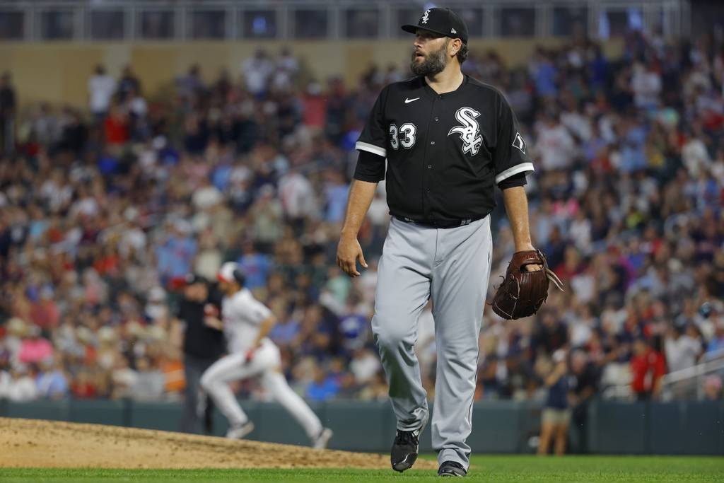 White Sox starting pitcher Lance Lynn watches the ball from Twins first baseman Alex Kirilloff hit the wall for a two-run double in the seventh inning Friday in Minneapolis. Kirilloff had four RBIs in the Twins' 9-4 win.