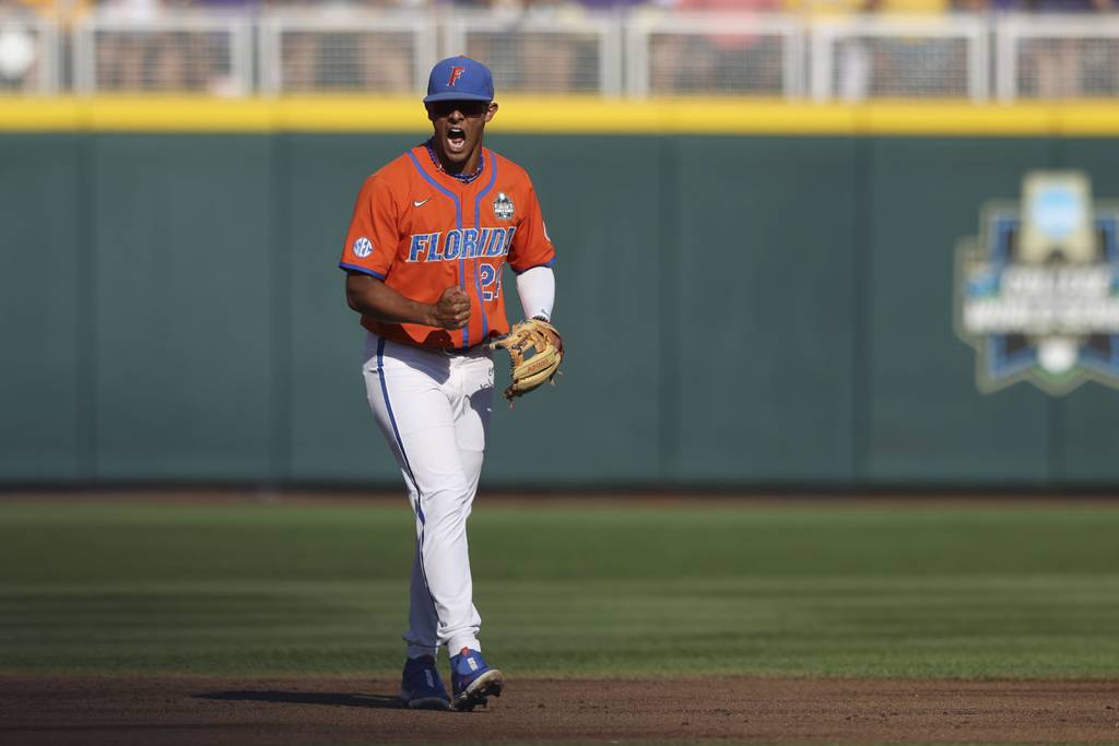 Florida shortstop Josh Rivera reacts after an LSU strikeout in the first inning of Game 3 of the College World Series on June 26, 2023.