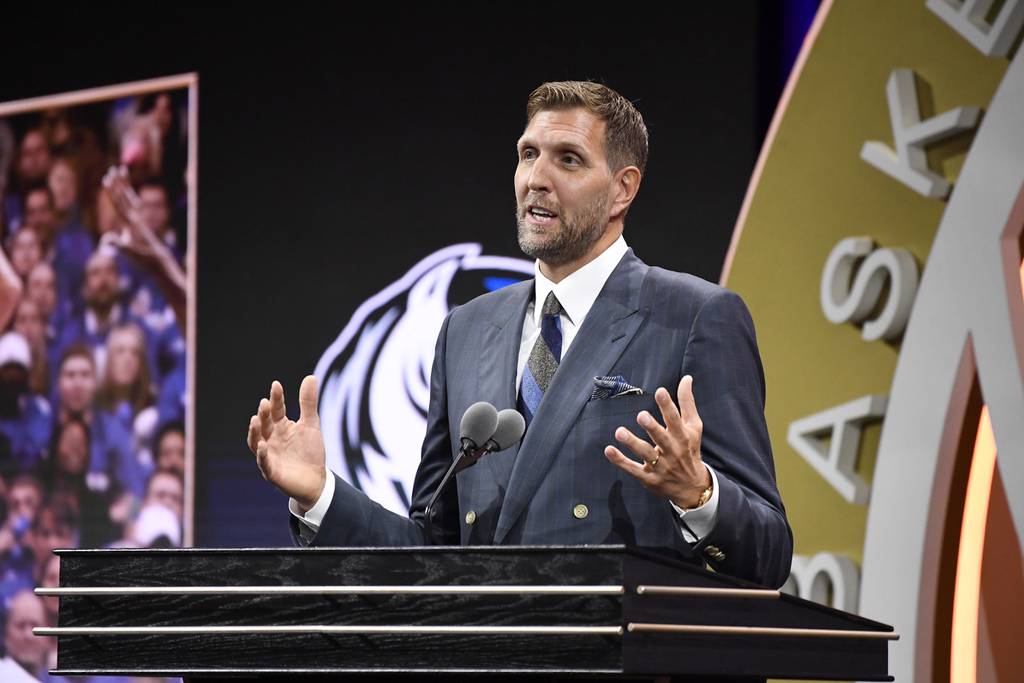 Dirk Nowitzki speaks during his enshrinement at the Basketball Hall of Fame on Aug. 12, 2023, in Springfield, Mass. 