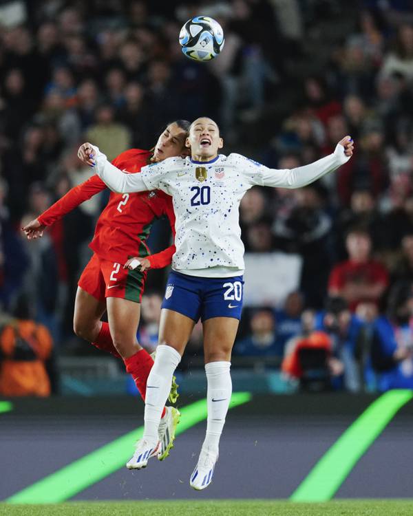 United States' Trinity Rodman, right, and Portugal's Catarina Amado compete for the ball during the World Cup on Aug. 1, 2023.