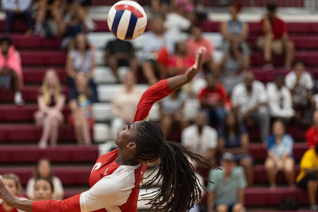 Homewood-Flossmoor's LaDonna Trantham (6) goes up for a spike against Marian Catholic during a nonconference match in Flossmoor on Thursday, Aug. 24, 2023.