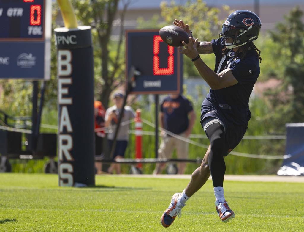 Chicago Bears wide receiver Chase Claypool practices on July 27, 2023, during training camp at Halas Hall.