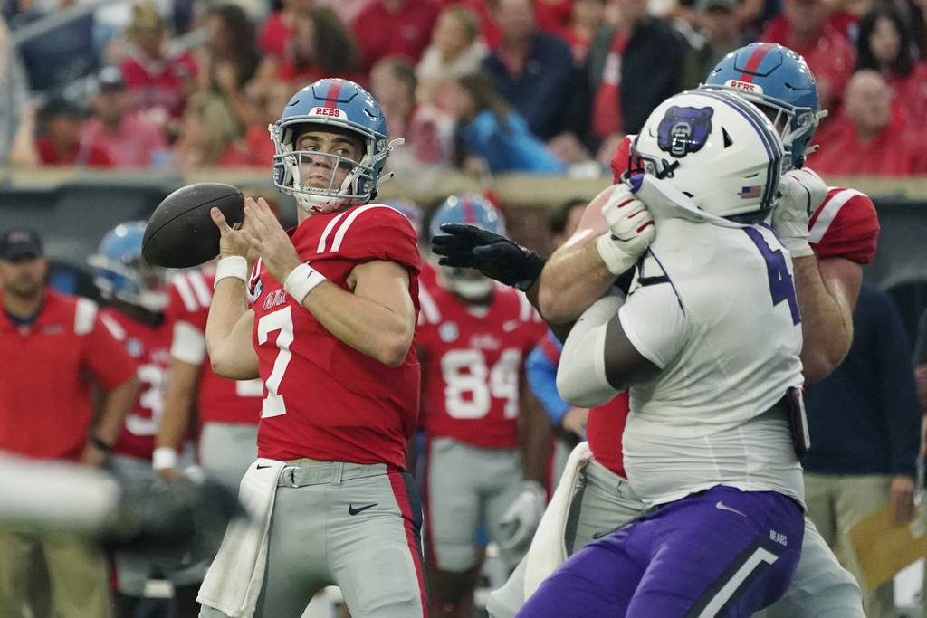 Mississippi quarterback Luke Altmyer sets up to pass against Central Arkansas on Sept. 10, 2022, in Oxford, Miss.