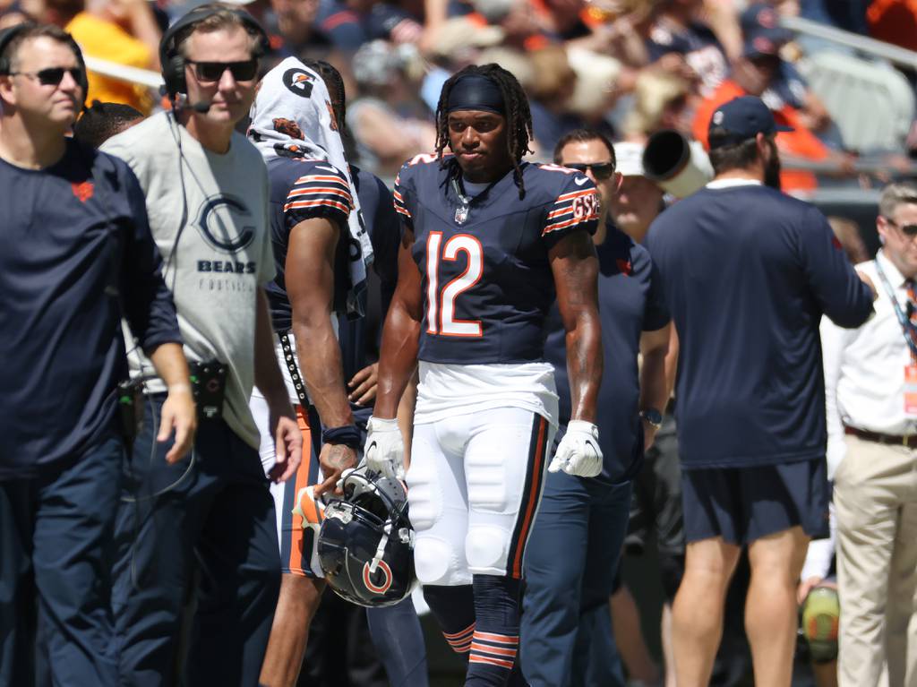 Bears wide receiver Velus Jones Jr. walks the sideline in the second quarter of a preseason game against the Titans at Soldier Field on Aug. 12, 2023.