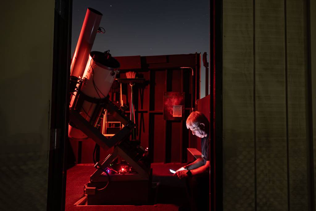 Naperville Astronomical Association club member Dave Kueker sits down inside the DuPage Video Observatory in Naperville on Aug. 12, 2023.  
