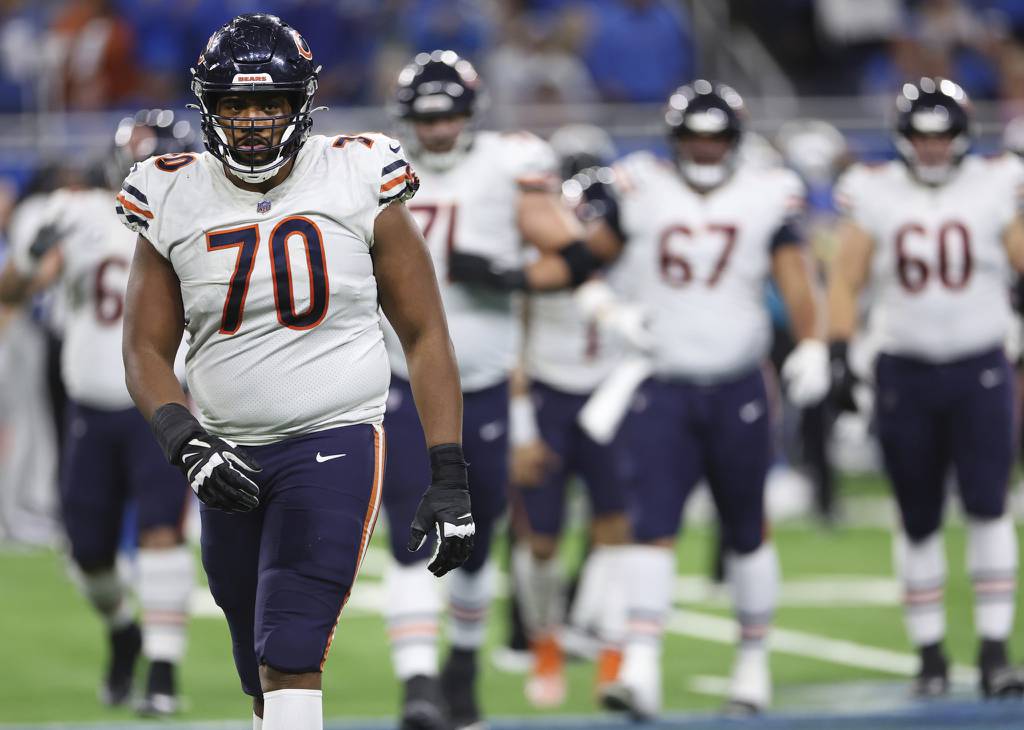 Bears offensive tackle Braxton Jones (70) walks off the field during a game against the Lions on Jan. 1 at Ford Field in Detroit. 