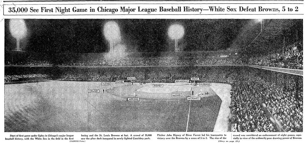 The White Sox played the first night game at Comiskey Park on Aug. 14, 1939, in Chicago. 