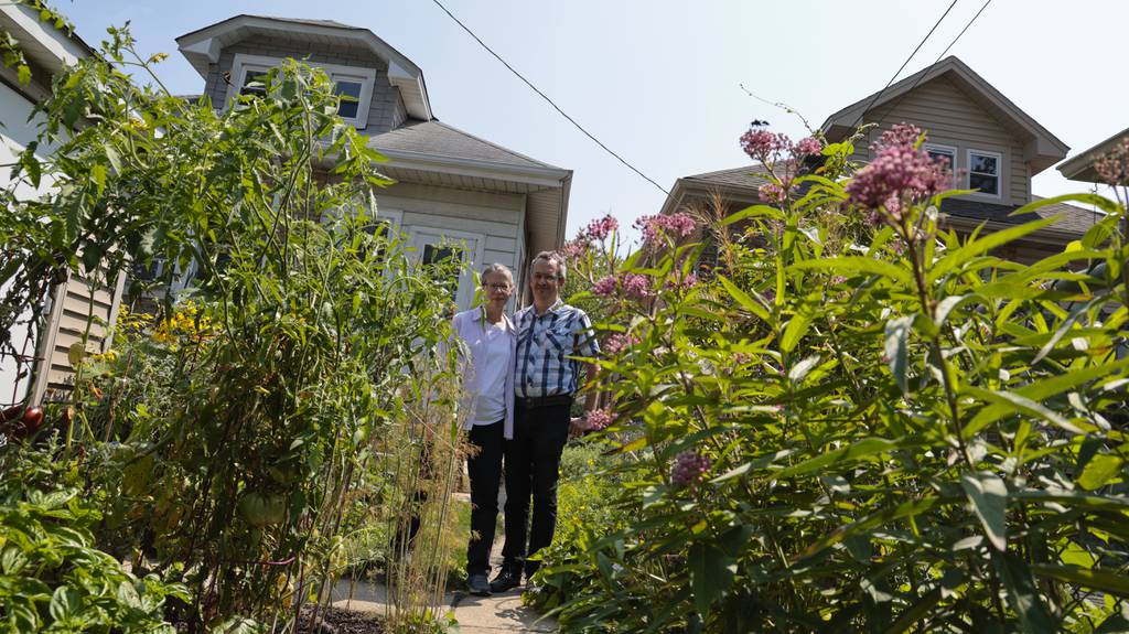 Martha Chiplis and husband John Dunlevy in the back garden at their home in Berwyn.