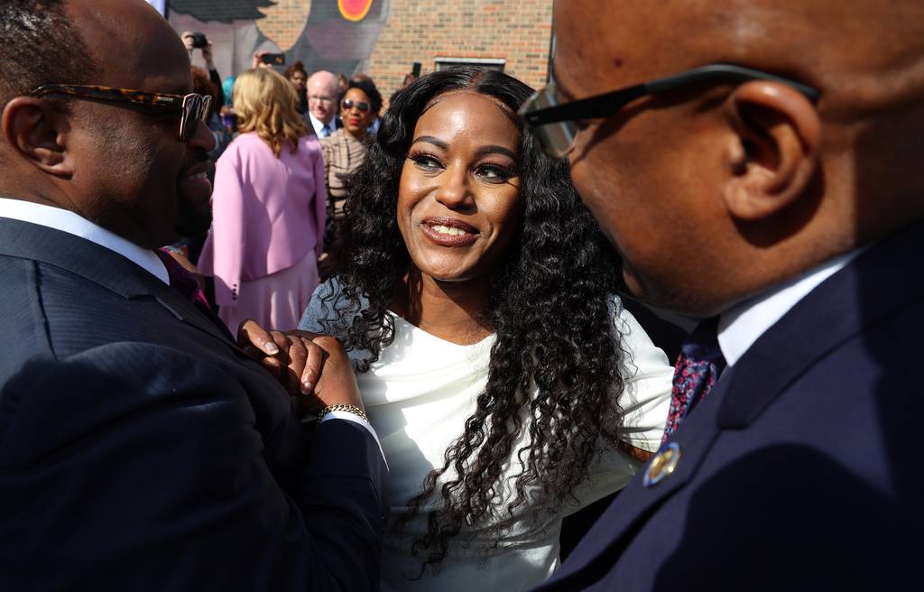 Chicago Teachers Union President Stacy Davis Gates mingles during pre-inauguration festivities for Mayor-elect Brandon Johnson outside Michele Clark Magnet High School on May 15, 2023.