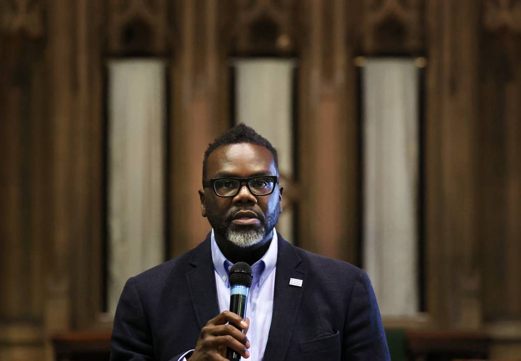 Mayor Brandon Johnson speaks during a Treatment Not Trauma campaign summit at First Presbyterian Church in the Woodlawn neighborhood, July 22, 2023.