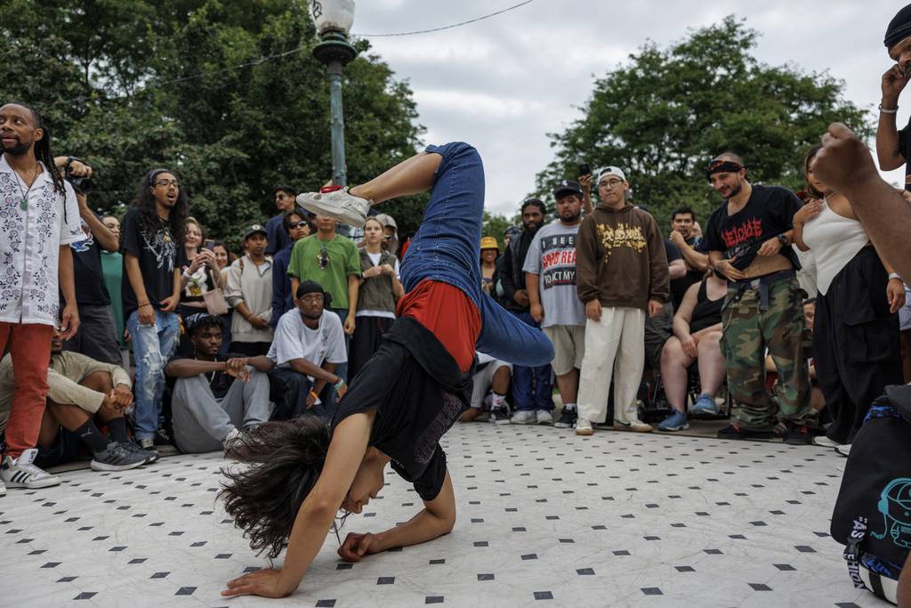 Sasha Vulovic competes in a cypher battle during the Battle 4 The Eagle hip-hop festival in Logan Square on Aug. 13, 2023.