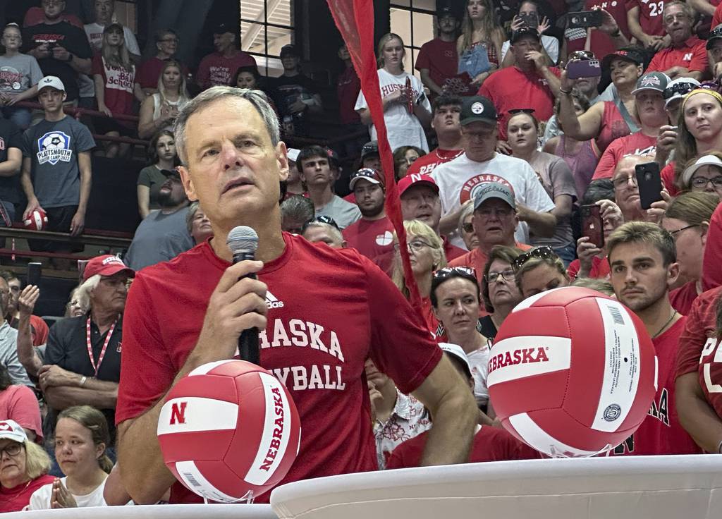 Nebraska women's volleyball coach John Cook speaks during a pep rally at Nebraska Coliseum on Wednesday in Lincoln, Neb. 