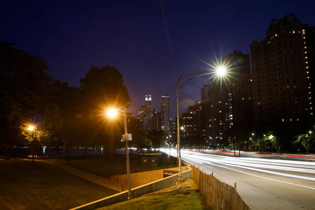 An LED streetlight, right, along Lake Shore Drive near North Avenue beach on July 25, 2019.
