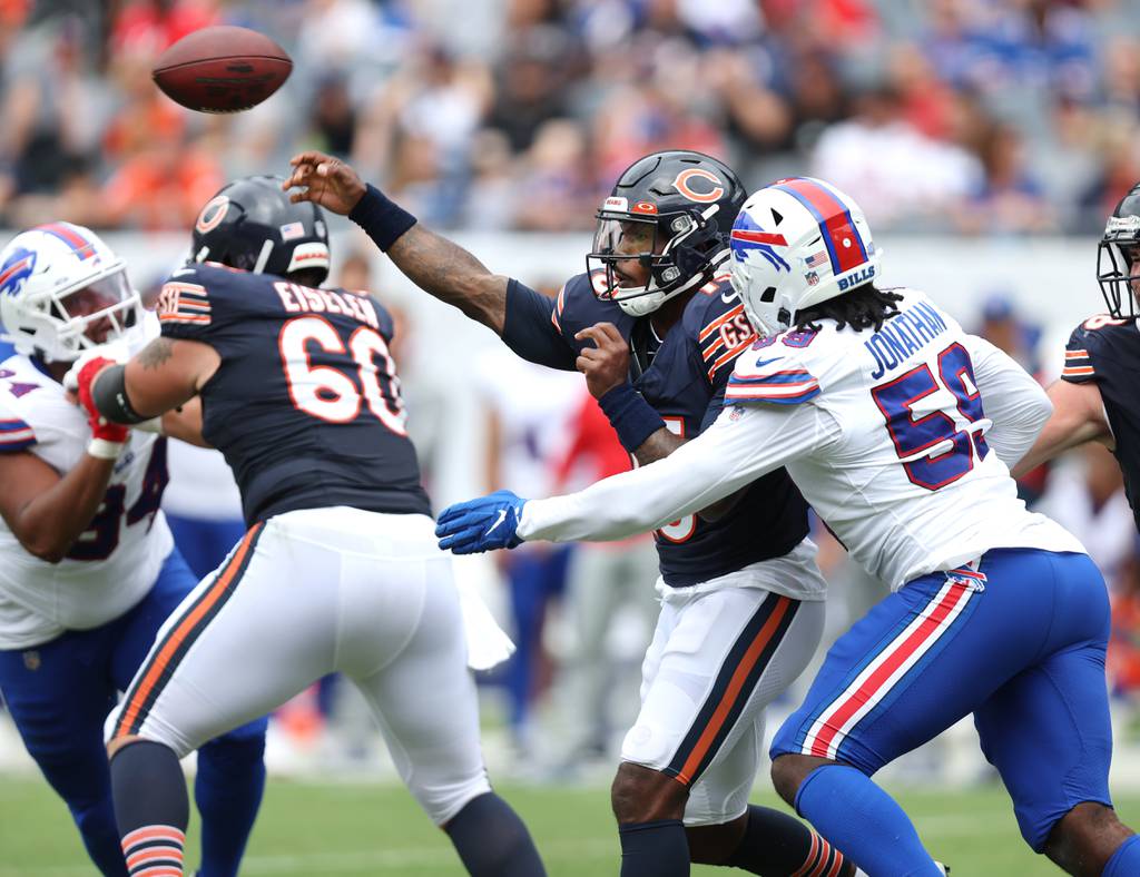 Bears quarterback P.J. Walker (15) throws a pass in the fourth quarter of a preseason game against the Bills on Saturday at Soldier Field. 