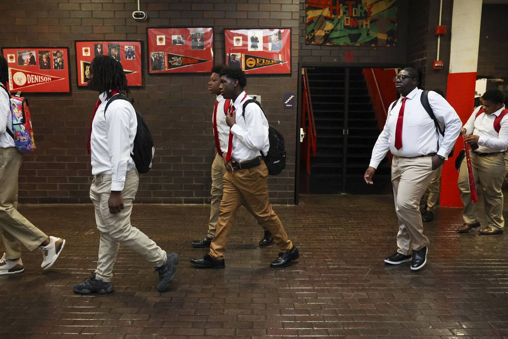 Students arrive for the opening assembly on the first day of school at Urban Prep in Englewood on Aug. 21, 2023. 
