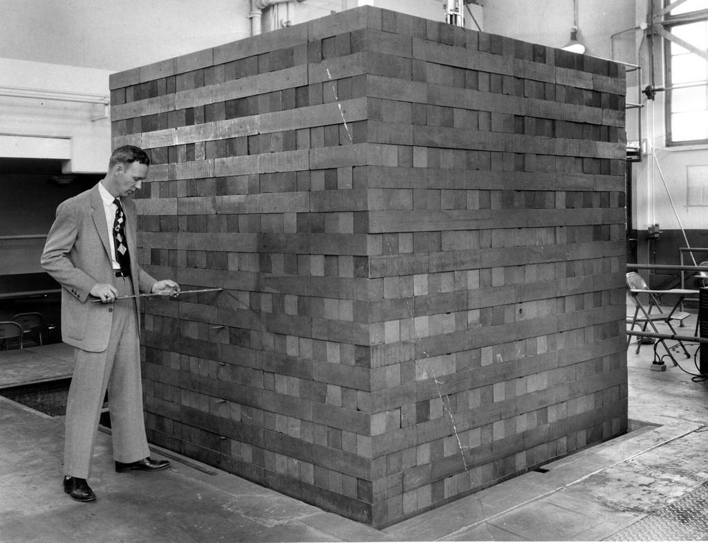 Uranium and graphite from the world's first nuclear reactor became part of this subcritical reactor at Argonne National Laboratory, shown in 1956. The original reactor, built at Stagg Field at the University of Chicago for a groundbreaking chain reaction experiment in 1942, was dismantled and reassembled at Red Gate Woods near Willow Springs, where it contributed useful information to the atomic energy program.