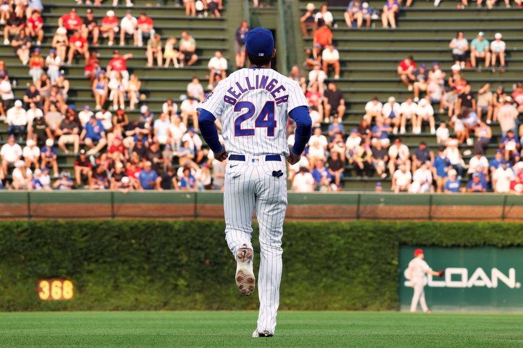 Cubs center fielder Cody Bellinger warms up before a game against the Reds at Wrigley Field on July 31, 2023.