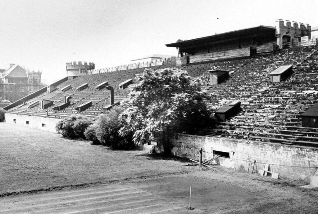 The west stands of Stagg Field at the University of Chicago are seen in this mid-1940s photo. It was in a secret laboratory under the stands that physicist Enrico Fermi and a team of scientists achieved the first controlled and self-sustained nuclear reaction that led humanity into the Nuclear Age.