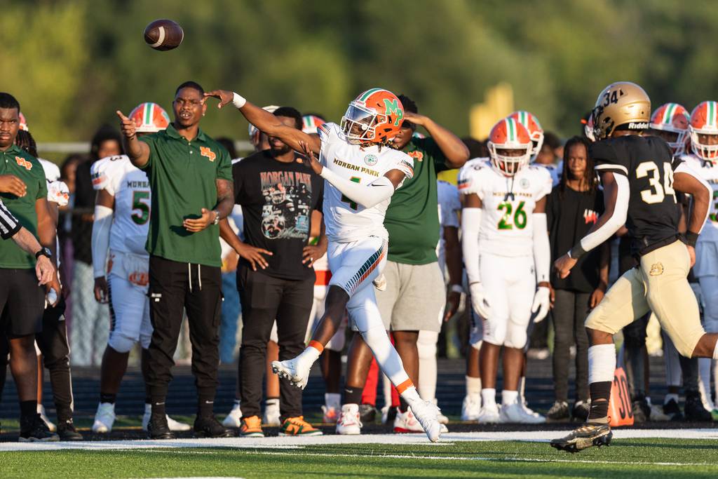 Morgan Park's Marcus Thaxton (4) throws on the run after being chased out of the pocket by Richards' Shaun Reynolds Jr. (34) during a nonconference game in Oak Lawn on Friday, Aug. 25, 2023.