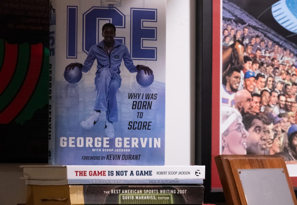 A copy of George Gervin's autobiography, “Ice: Why I Was Born to Score,” is pictured in Scoop Jackson's home office on Dec 20, 2023.