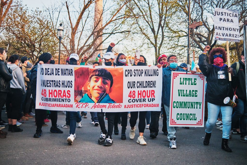Little Village community protesting the death of Adam Toledo on April 16, 2021.