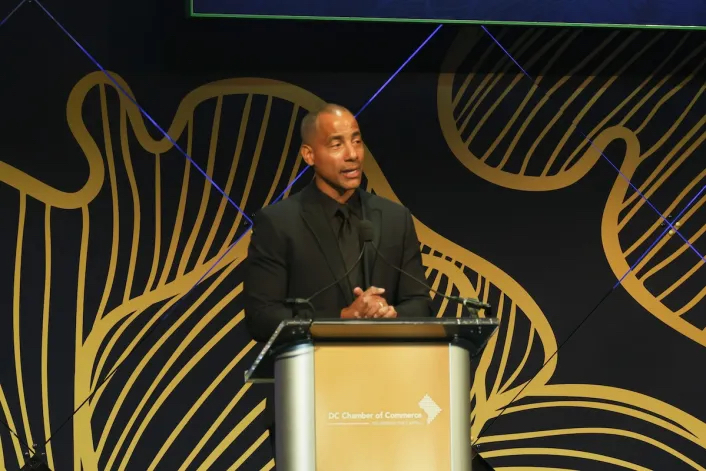 Earl Chico Horton, chairman of the board fort DC Chamber of Commerce, speaks at the 2025 Chamber of Commerce Awards and Gala on Nov. 6 at the National Building Museum in Northwest D.C. (Shevry Lassiter/The Washington Informer)