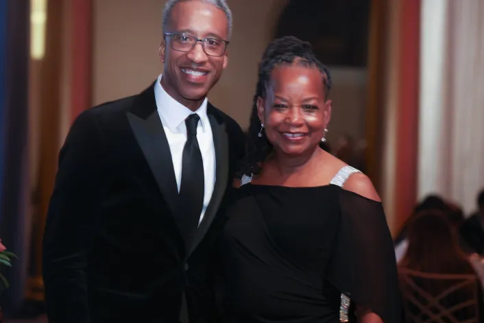 D.C. Council member Kenyan McDuffie (left) and Washington Informer Publisher Denise Rolark Barnes pose for a photo at the 2025 DC Chamber of Commerce Awards and Gala on Nov. 6. (Shevry Lassiter/The Washington Informer)