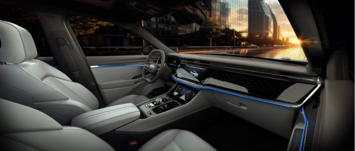 The 2025 Jeep® Wagoneer S Limited trim interior features a maximum usable screen space of more than 45 inches (best-in-class among EVs), more than 170 standard safety and security features, plus a new Arctic Grey interior color.