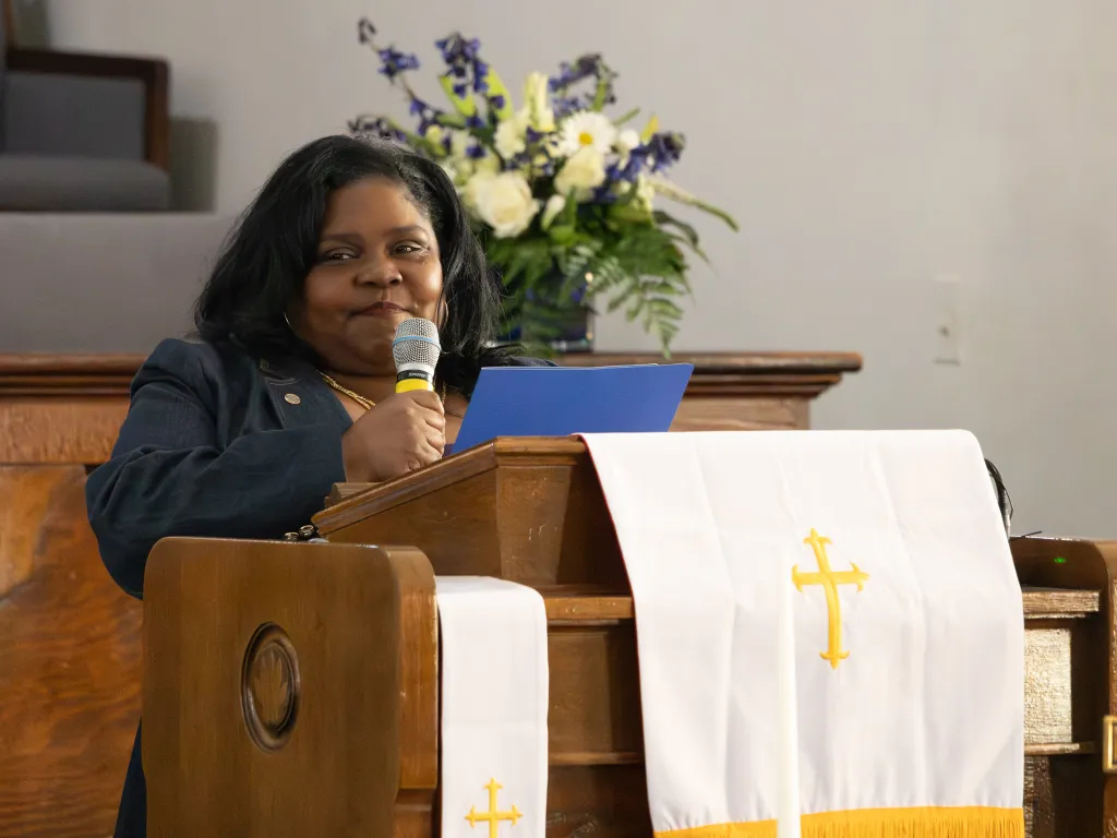 Kristi Williams speaks during The Vernon Witness interpretive center groundbreaking at Vernon AME on Feb. 12, 2026.